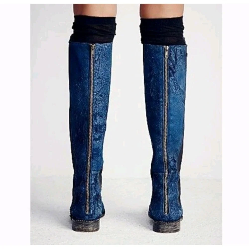 Free People Callow Tall Boot Blue Distressed Blue Suede‎ Sz 38 EU 7 US Back Zip